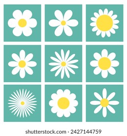 Daisy camomile. White chamomile icon set. Cute flower plant. Square green shape frame silhouette. Love card. Cartoon kawaii funny collection. Growing concept. Flat design. White background. Vector