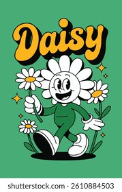 Daisy the cartoon flower character, retro vintage illustration Streetstyle, Print Design Vector 