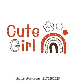 Daisy cartoon , hand written font and rainbow on white background vector illustration. Cute childish print.