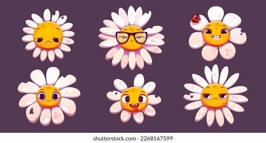 Daisy chamomile face emotions cartoon vector set. Isolated camomile flower character with bitten petal and mood expression. Comic groovy smile, sad, distrustful and cheerful bloom plant head.