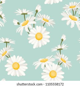 Daisy chamomile field meadow spring summer flowers seamless pattern on light blue sky background. Trendy ditsy floral texture for print, fashion, textile, fabric, decoration, wrapping.