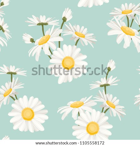 Daisy chamomile field meadow spring summer flowers seamless pattern on light blue sky background. Trendy ditsy floral texture for print, fashion, textile, fabric, decoration, wrapping.