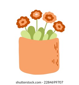 Daisy chamomile flower with leaves in the pot. Cute plant for garden. Growing concept. Flat design. Vector illustration