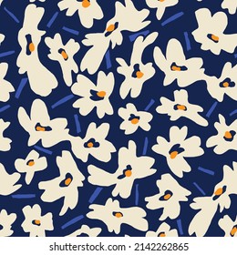 Daisy chamomile flower on a blue indigo background in 70s psychedelic style seamless pattern in vector.