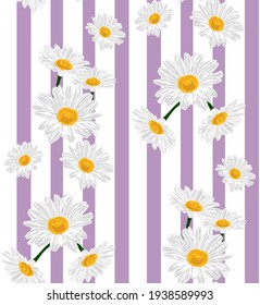 Pétalos de flores de camomila margarita. Patrón sin foco sobre fondo rayado morado.