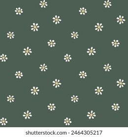 Daisy oder Kamille Blume nahtlose Vektorgrafik Muster Vektorgrafik Muster Hintergrund. Kleine Blumenköpfe auf dunkelgrüner Kulisse verstreut. Einfach überall drucken für Frühling, Sommer, Gartenprodukte