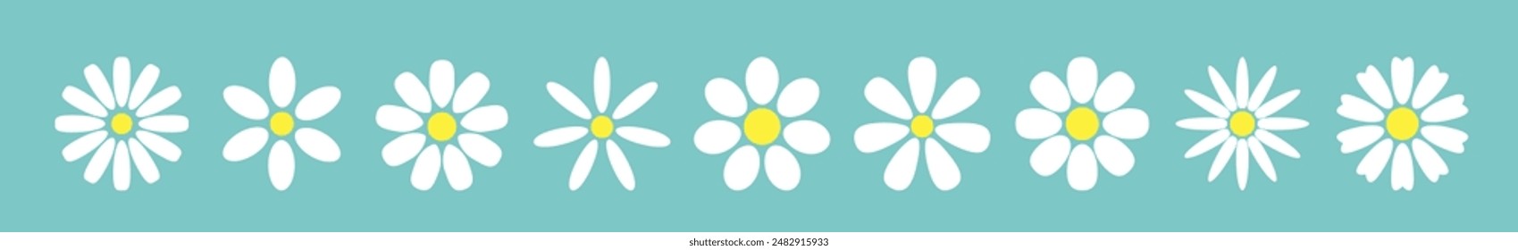 Daisy chamomile flower set line. White yellow Camomile icon. Growing concept. Cute round flowers head plant collection. Love card. 9 sign symbol shape. Flat design. Light green background. Vector