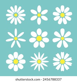 Conjunto de flores de manzanilla. Icono de manzanilla blanco y amarillo. Concepto creciente. Colección de planta de cabeza de flor redonda linda. Tarjeta de amor. Forma de símbolo de signo 9. Diseño plano. Aislado. Fondo verde claro. Vector