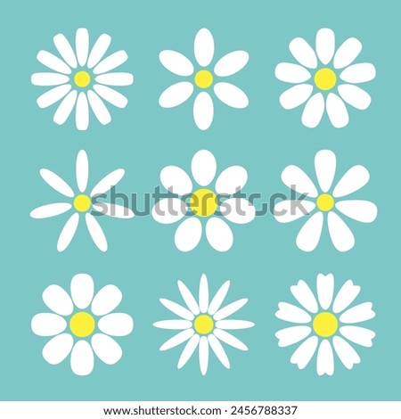 Daisy chamomile flower set. White yellow Camomile icon. Growing concept. Cute round flower head plant collection. Love card. 9 sign symbol shape. Flat design. Isolated. Light green background. Vector
