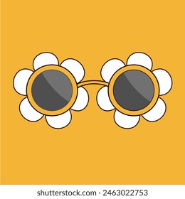 Gafas de sol en forma de flor de manzanilla. Icono de gafas de sol magníficas. Colección de diferentes vasos. Estilo hippie retro de los años 70. Símbolo de signo de vidrio hipster. Diseño plano. Fondo amarillo. Vector