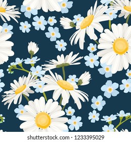 Daisy chamomile and forget-me-not field meadow spring summer flowers seamless pattern on navy blue background. Trendy ditsy floral texture for fashion, textile, fabric, decoration, print, wrapping.