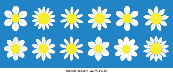 Daisy chamomile icon. Camomile super big set. Flat style design. Cute white flower head plant nature collection. Decoration element.