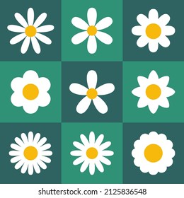 Daisy chamomile icon set. White flower collection. Flat design. Vector illustration