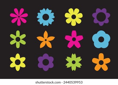 Daisy chamomile set. Colorful camomile icon. Cute round flower head plant collection. Love card symbol. Growing concept. Childish style. Simple shape. Flat design. Isolated. Black background. Vector