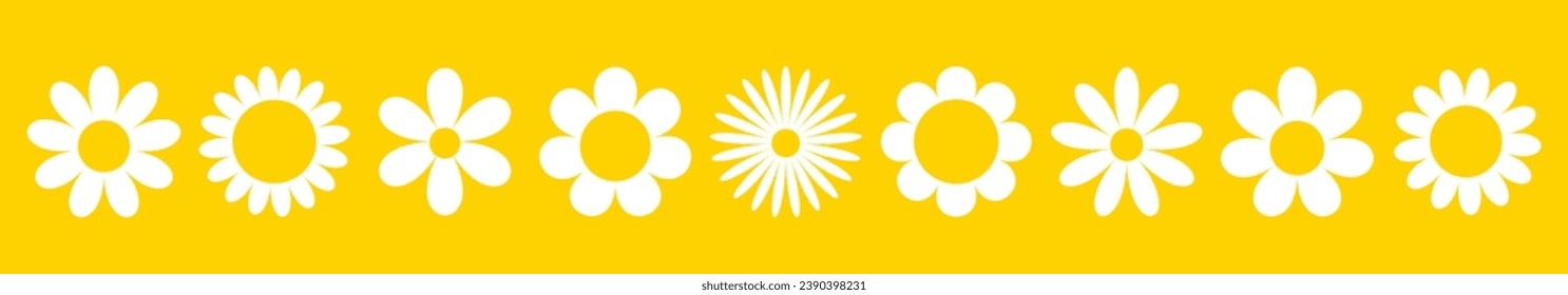 Daisy Chamomile set line. Nine white camomile icon. Cute round flower head plant collection. Love card symbol. Growing concept. Nature style. Flat design. Isolated. Yellow background. Vector
