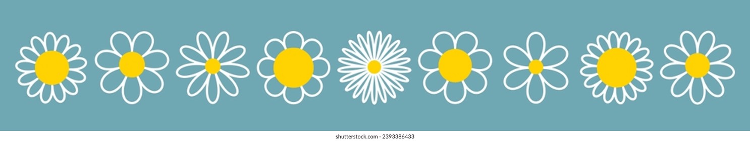 Daisy Chamomile set line. White camomile icon. Contour line doodle. Cute round flower head plant collection. Love card symbol. Growing concept. Nature style. Flat design. Blue background. Vector