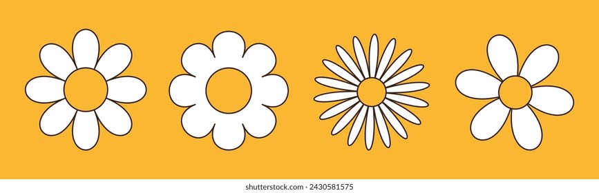 Línea de set de Daisy Chamomile. Icono de manzanilla blanca. Garabato de línea de contorno. Linda planta redonda groovy retro cabeza de la flor. Símbolo de tarjeta de amor. Concepto creciente. Estilo natural. Diseño plano. Fondo amarillo. Vector