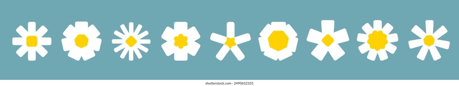 Daisy chamomile set line. White camomile icon. Cute round flower head plant collection. Different shape. Growing concept. Love card symbol. Simple flat design. Blue background. Isolated. Vector
