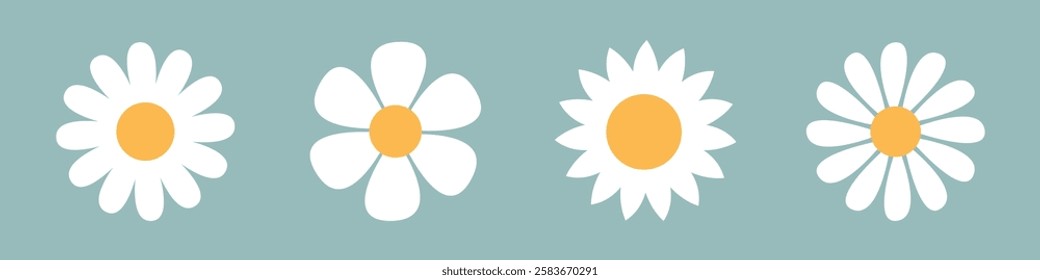 Daisy chamomile set line. White Camomile icon. Cute round flower head plant collection. Love card symbol. Growing concept. Simple flat design. Childish style. Isolated. Green background. Vector