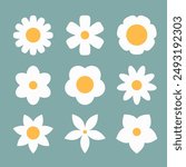 Daisy chamomile set. Nine white camomile icon. Cute round flower head plant collection. Different shape. Love card symbol. Growing concept. Simple flat design. Isolated. Blue background. Vector