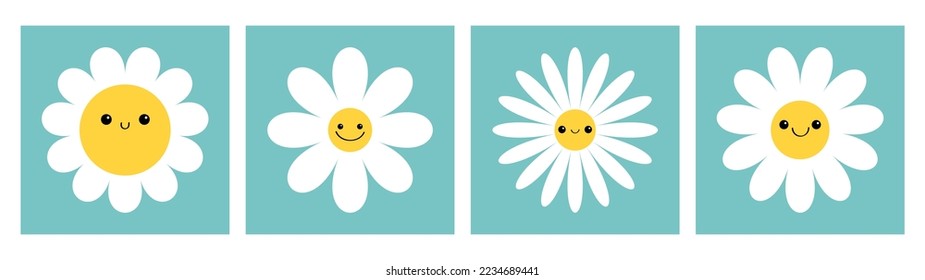 Daisy chamomile set. Smiling face head. White camomile icon. Cute flower plant collection. Love card. Cartoon kawaii funny character. Growing concept. Flat design. Green background Vector illustration
