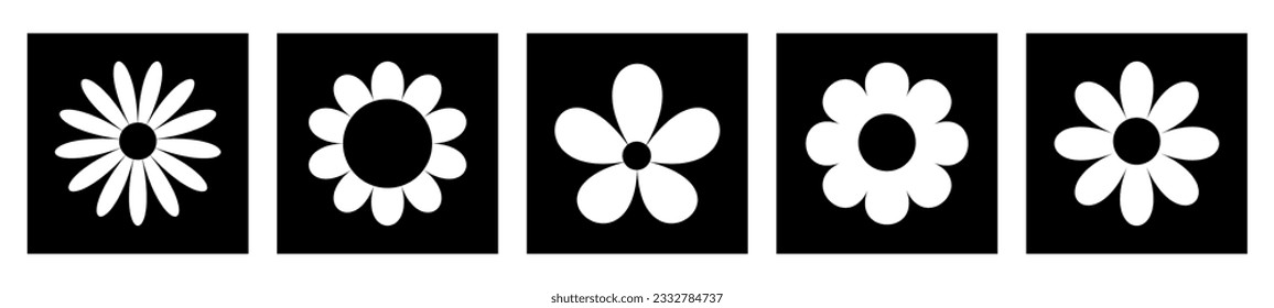 Daisy chamomile set. White camomile icon. Cute flower plant. Love card. Cartoon kawaii funny collection. Growing concept. Square black shape frame silhouette. Flat design. White background. Vector