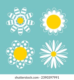 Daisy Chamomile. Icono de gamomile blanco. Doodle de línea de contorno. Punto Polka, patrón de rayas. Planta de cabeza de flor redonda. Concepto de crecimiento del amor. Estilo natural. Diseño plano. Fondo azul. Vector