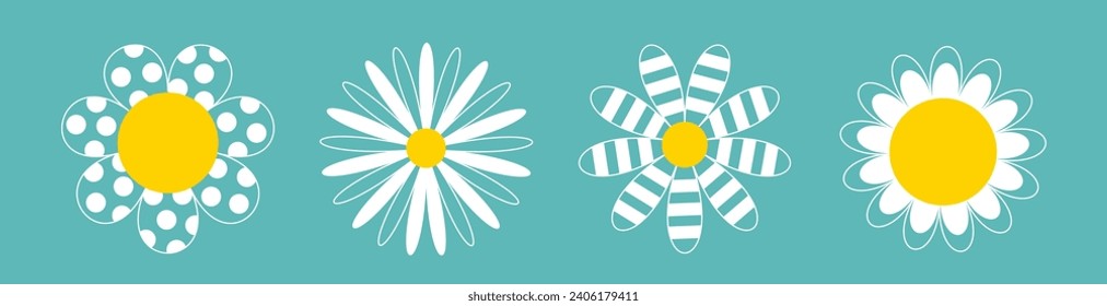 Daisy Chamomile. Icono de gamomile blanco. Banner del doodle de línea de contorno. Punto Polka, patrón rayado. Colección de plantas de flores redondas. Concepto de crecimiento del amor. Diseño plano. Fondo azul. Vector