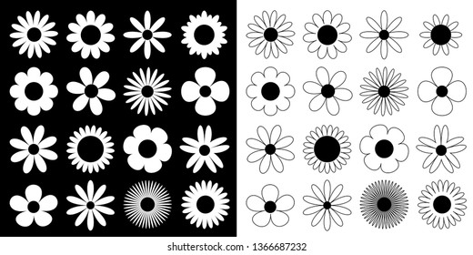 Daisy chamomile silhouette icon. Camomile super big set. Cute round flower head plant collection. Love card symbol. Growing concept. Flat design. Black White background. Isolated. Vector illustration