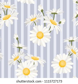 Daisy chamomile spring summer field flowers seamless pattern on blue white vertical stripes background. Beautiful ditsy floral texture for fashion, textile, fabric, decoration, wrapping. Vector design