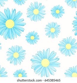 Daisy chamomile spring summer floral seamless pattern. Bright colorful blue yellow isolated flowers on white background. Vector design illustration for textile, fabric, decoration, packaging, wrapping