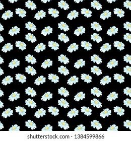 Daisy or Chamomile Tea Herb Flower Seamless Pattern. Herbal Therapy Wallpaper. Botany Plant, Matricaria Loose Herbs. Floral Blossom on Black Background