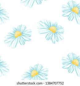 Daisy or Chamomile Tea Herb Flower Seamless Pattern. Herbal Therapy Wallpaper. Botany Plant, Matricaria Loose Herbs. Floral Blossom for Agriculture Packaging or Wrapping Paper Design.