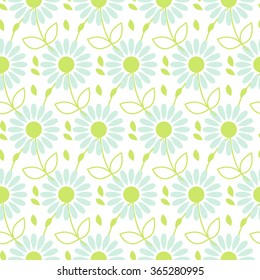 Daisy chamomile vector seamless pattern. Blue camomile floral and leaves background for wrapping, textile or linen.