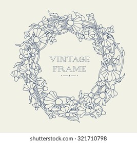 Daisy, chamomile wild forest flowers wreath for bride. Vector. Hand drawn artwork. Love bohemia concept for wedding invitations, cards, tickets, congratulations. Dark blue beige grey
