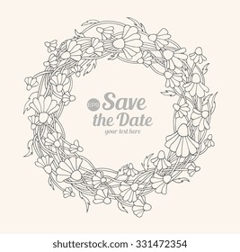 Daisy, chamomile wild forest flowers wreath for bride. Vector. Hand drawn artwork. Love concept for wedding invitations, cards, tickets, congratulations. Black and white, beige