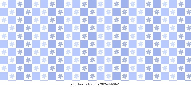 Daisy checkered pattern background. Pastel blue chessboard backdrop with chamomile flowers. Repeat spring time print. Vintage hippie design. this cheerful spring pattern is ideal for Easter gift wrapping paper, stationery suites, phone cases, and party decor.