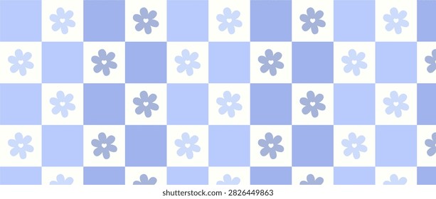 Daisy checkered pattern background. Pastel blue chessboard backdrop with chamomile flowers. Repeat spring time print. Vintage hippie design. this cheerful spring pattern is ideal for Easter gift wrapping paper, stationery suites, phone cases, and party decor.