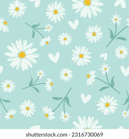 Daisy colorful seamless pattern in turquoise, white and yellow. Daisies vector print in color.