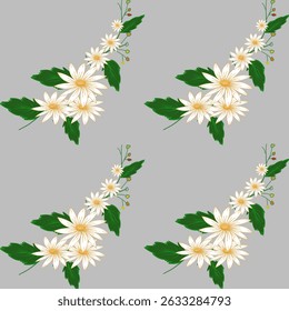 Daisy continuous fabric pattern on grey background.
