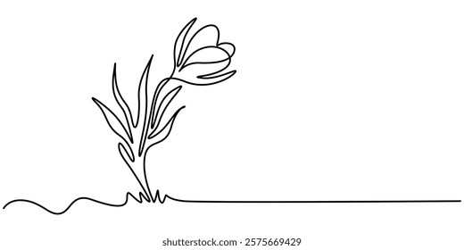 Daisy Continuous Line Icon, Abstract flower in continuous line art drawing style, Abstract collection of flowers and leefs in continuous line art drawing style, Flower set continuous outline style.