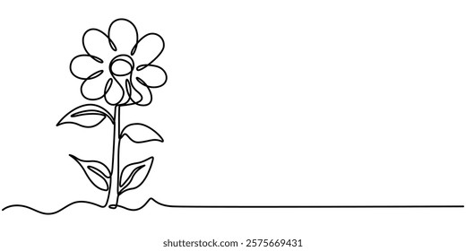 Daisy Continuous Line Icon, Abstract flower in continuous line art drawing style, Abstract collection of flowers and leefs in continuous line art drawing style, Flower set continuous outline style.