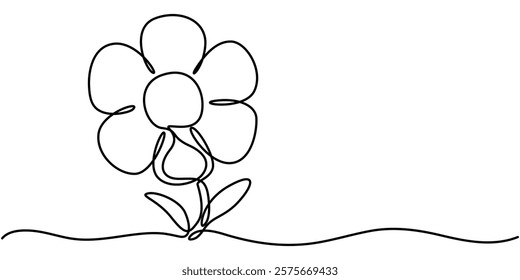 Daisy Continuous Line Icon, Abstract flower in continuous line art drawing style, Abstract collection of flowers and leefs in continuous line art drawing style, Flower set continuous outline style.