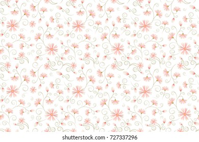 Daisy cornflower floral botanical seamless pattern texture. Pink flowers bloom blossom and green swirly frizzy stem leaves. Summer autumn garden field meadow wild flowers. Vector design illustration.