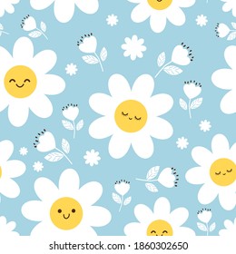 Daisy With Cute Face Seamless Pattern On Blue Background Vector Illustration. Pretty Flower Cartoon Character. Childish Pattern.