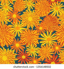 Daisy Dahlia Aster summer flowers seamless vector pattern. Bright red orange yellow flowers on blue background. Contemporary seasonal floral repeat tile. Hand drawn spring summer art for fabric, decor