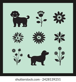 Daisy dog silhouette set Clipart on a hex color background