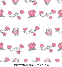Daisy doodle flowers on light background / Seamless vector pattern 