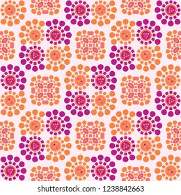 Daisy Dot Retro Flower Seamless Vector Pattern. Stylized Floral Square All Over Print in 70s Style. Trendy Boho Background for Feminine Fashion Print, Girly Stationery, Floral Packaging. Orange Purple