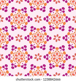 Daisy Dot Retro Flower Seamless Vector Pattern. Stylized Floral All Over Print in 70s Style. Colorful Trendy Boho Background for Feminine Fashion Print, Girly Stationery, Floral Packaging. Pink Purple